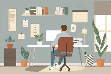 An entrepreneur is brainstorming ideas on a whiteboard in a creative and minimalist study room. Simple and minimalist flat Vector Illustration 