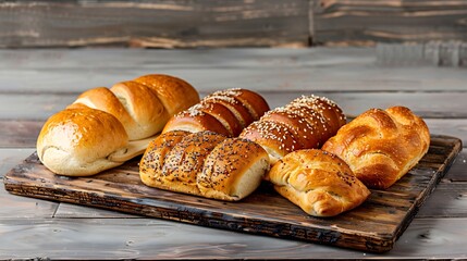 Various buns made from whole grain or plain flour on a wooden board Traditional bakery products Bakery products Bakery : Generative AI