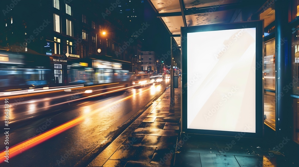 Aufkleber mock up of blank white vertical light box on a bus stop in a city at night : generative ai