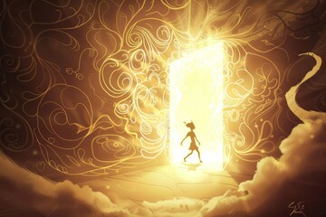 Cartoon cute doodles of a character walking through a doorway of light, symbolizing a spiritual awakening, Generative AI