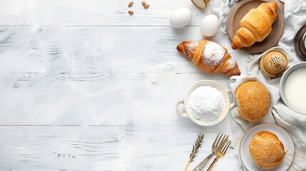Homemade breads or bun croissant and bakery ingredients on white wood background breakfast food concept top view and copy space : Generative AI - Powered by Adobe