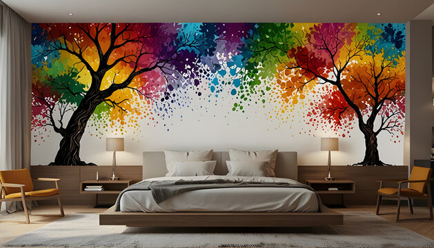 3d abstract tree colorful leaves wall art decor, interior mural wall art. Generative Ai