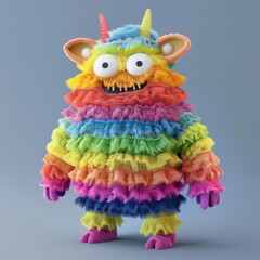 3D Rainbow Ruffle Monster A multi-colored furry monster with layers of fur in all the colors of the rainbow, AI Generative