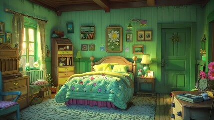 Goodnight Moon A cozy bedroom scene, with the quiet old lady whispering hush and the little bunny saying goodnight to everything in the great green room,