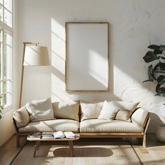  Rustic live edge coffee table against white wall with blank mock up poster frames, home interior design of modern living room.