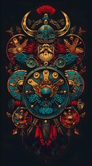 Fototapeta premium Mystical Shaman s Shield Ancestral Symbols of Power and Enlightenment in Vibrant Splendor
