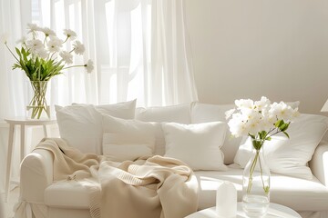 living room with a white sofa with pillows and plaid and side table with flower vase, interior design ai generative