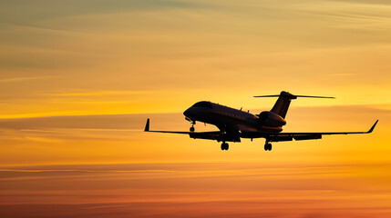 Silhouette of a private executive jet taking off against a winter sky at sunset No people Copy space : Generative AI