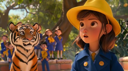Madeline Madeline in her yellow hat and blue coat, bravely facing the tiger in the zoo with her classmates watching in the background
