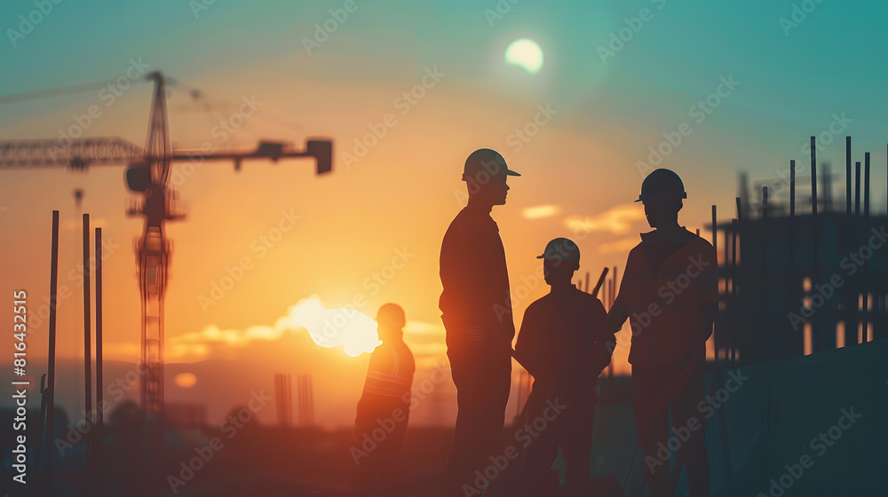 Poster silhouette of engineer and construction team working at site over blurred background sunset pastel f