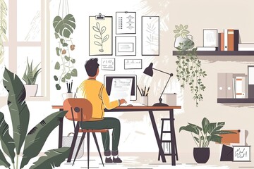 An interior designer is sketching concepts at a desk in a stylish and contemporary study nook. Simple and minimalist flat Vector Illustration