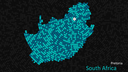 A map of South Africa is presented as a mosaic with a dark background, and the country's borders are outlined in the shape of a colorful mosaic, centered around the capital city.