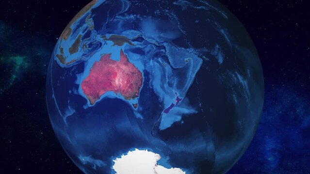 Realistic 3D Animation of Earth zooming in to New Zealand with its border highlighted with its National Flag in 4K