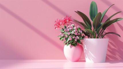 Photorealistic illustration of potted plants and flowers against a pink pastel background with copy space for text or logo, beautifully illuminated by studio lighting