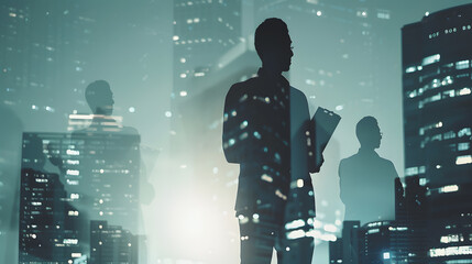 Fototapeta premium Silhouette of businessman with clipboard and his teammates working together in blurry city with double exposure of night cityscape Concept of leadership and teamwork Toned image : Generative AI