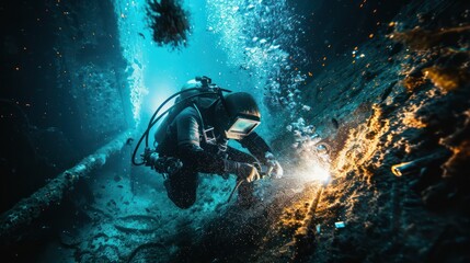 Underwater welders working at Sparks turn on lights on the seabed to repair submerged structures. Underwater welding by professional divers