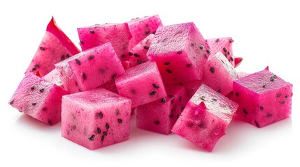 Dragon fruit cubes piled into a small mound, isolated on white background