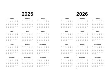 Spanish Calendar for 2025-2026. Scheduler, agenda or diary template. Week starts on Monday