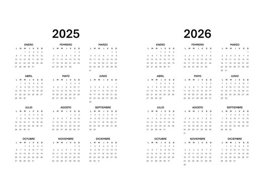 Spanish Calendar for 2025-2026. Scheduler, agenda or diary template. Week starts on Monday
