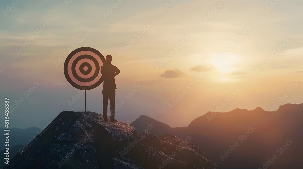 Aufkleber Silhouette of businessman holding a target board on top of mountain Concept of aim and objective achievement : Generative AI