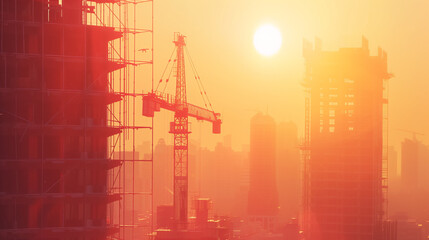 Fototapeta premium A group of construction workers are working on a building in the evening. The sky is orange and the sun is setting