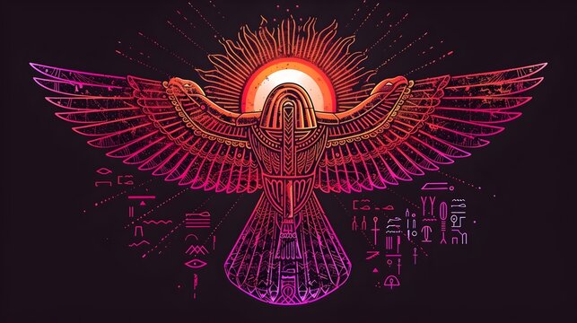 Radiant Winged Sun Disk Symbol in Vivid Synthwave Style