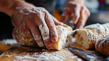 Cutting homemade bread with hands