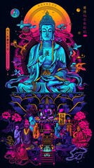 Serene Depiction of Buddha s Parinirvana Surrounded by Mourning Disciples and Celestial Beings in Vibrant 80s Synthwave Style