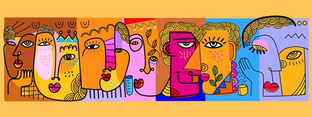 Colorful abstract face portrait doodle cubism art style, decorative, line art hand drawn vector illustration. Aesthetic design for wall art, decoration, poster,card and cover.