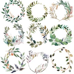 A set of watercolor floral wreaths. The wreaths are made of green leaves and flowers. They are perfect for wedding invitations, save the dates, and other special occasions.
