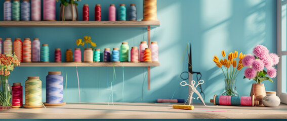 3d render of sewing room with wooden shelves full of spools and rolls colorful thread