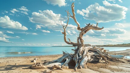 Surreal driftwood on serene beach