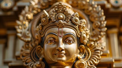 The golden face of a Hindu god with a serene expression.
