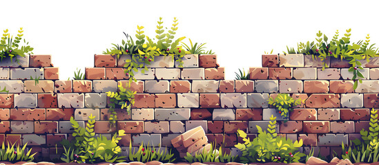 brick wall covered with grass pattern background, 2D game level rocks with grass, cartoon...