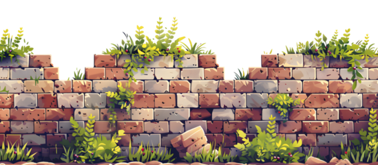 brick wall covered with grass pattern background, 2D game level rocks with grass, cartoon illustration for game design, platformer game elements on white and transparent background