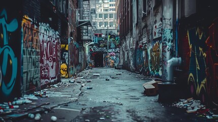 A gritty urban alley with graffiti promoting drug awareness