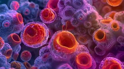 Detailed cellular structures in close-up, highlighting vibrant nuclei in a mix of red, orange, and purple, perfect for detailed scientific advertising