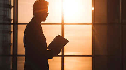 Silhouette of Asian businessman holding a note : Generative AI