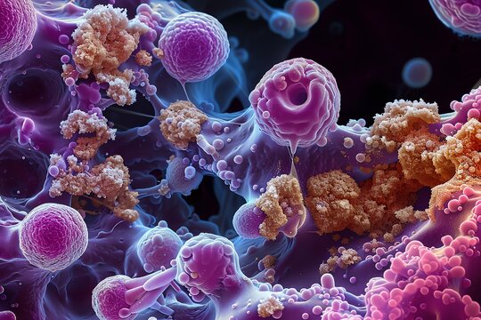 A microscopic closeup of cancer cells being targeted by chemotherapy drugs