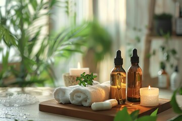 A serene spa setting with herbal oils and natural supplements