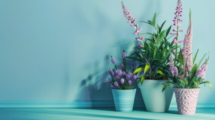 Photorealistic illustration of potted plants and flowers against a blue pastel background with copy space for text or logo, beautifully illuminated by studio lighting