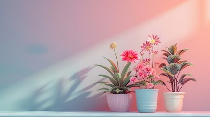 Photorealistic illustration of potted plants and flowers against a pastel background with copy space for text or logo, beautifully illuminated by studio lighting 