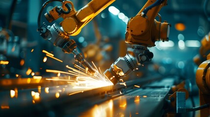 Close view of an automated welding process by a robotic worker, highlighting the precision and efficiency of modern factory technology
