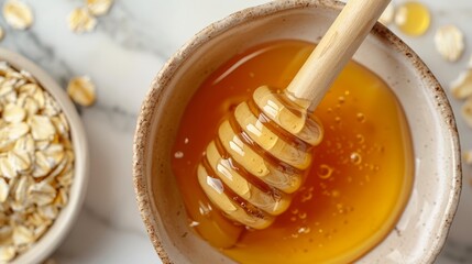 Close-up top view of honey and oatmeal being mixed for a DIY detox mask on a marble countertop, perfect focus for advertising