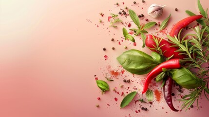 Photorealistic illustration of fresh herbs and spices against a pastel background with copy space for text or logo, beautifully illuminated by studio lighting