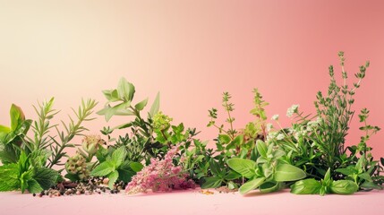 Photorealistic illustration of fresh herbs and spices against a pastel background with copy space for text or logo, beautifully illuminated by studio lighting 