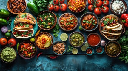 A table with various Mexican dishes, including tacos and guacamole, surrounded by hands reaching for the food