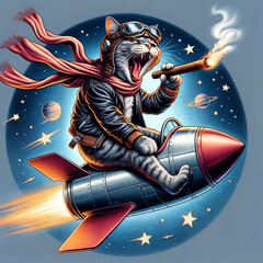 evil cat on rocket smoking