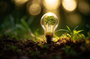 A light bulb with the tree inside is placed on soil, symbolizing environmental protection and energy conservation. It has a green background with natural sunlight.