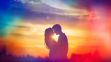 silhouette Romantic couple lovers  hug and  kiss  at colorful sunset on background  love concept : Generative AI - Powered by Adobe